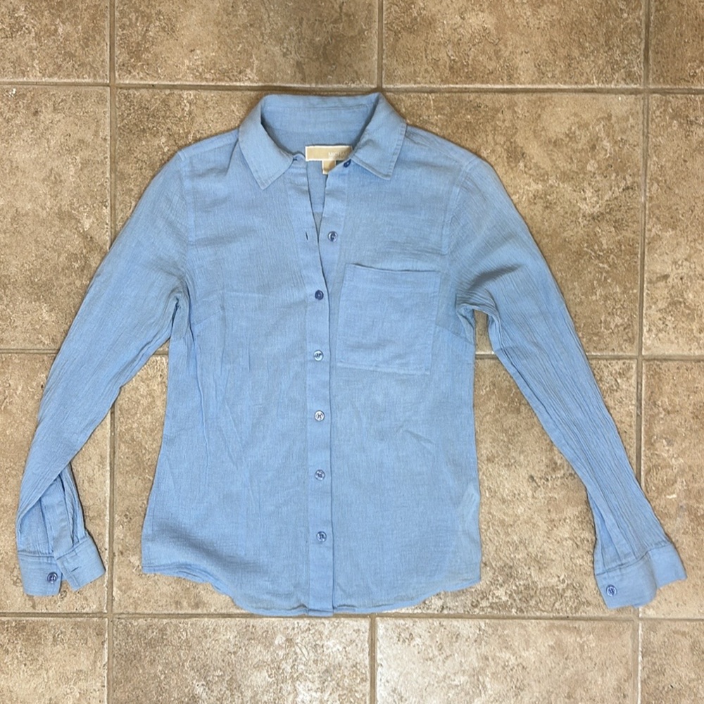 MICHAEL Michael Kors 100% Cotton Gauze Textured Shirt Blue Small